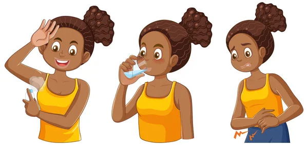 African American Girl Doen Illustratie Van Verschillende Activiteiten — Stockvector