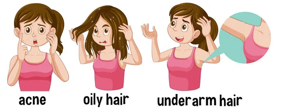 Adolescent Struggles Oily Hair Acne Underarm Hair Illustration — Stock Vector