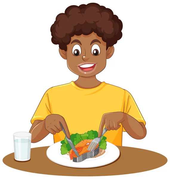 テーブルの上で食事をする10代の男の子のイラスト — ストックベクタ