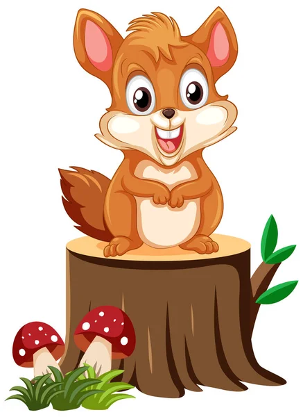 Χαριτωμένο Σκίουρος Χαρακτήρα Κινουμένων Σχεδίων Στέκεται Στην Εικόνα Κούτσουρο Δέντρο — Διανυσματικό Αρχείο