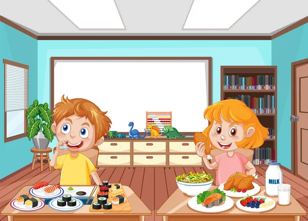 Crianças Alegres Desfrutando Ilustração Mealtime — Vetor de Stock