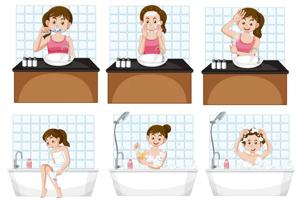 Set Female Teen Doing Self Care Cleaning Routine Illustration — Stock Vector