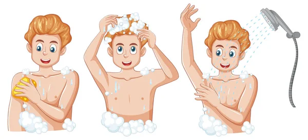 一个青少年男性自理淋浴例程说明 — 图库矢量图片