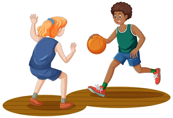 Twee Tiener Spelen Basketbal Samen Illustratie — Stockvector