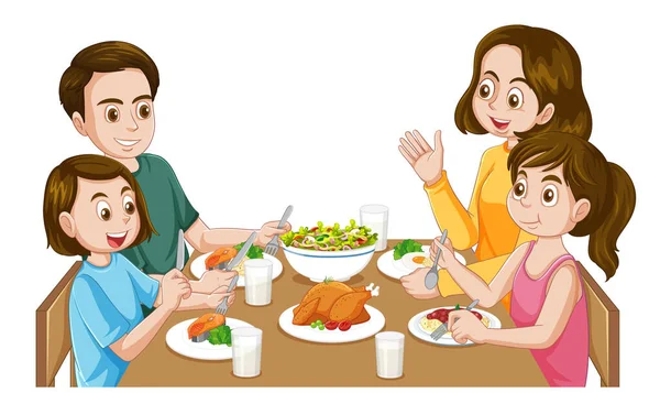 Happy Family Eating Together Table Illustration — Stock Vector