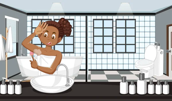 浴室のイラストで女性のティーンスプレー脇の下消臭剤 — ストックベクタ
