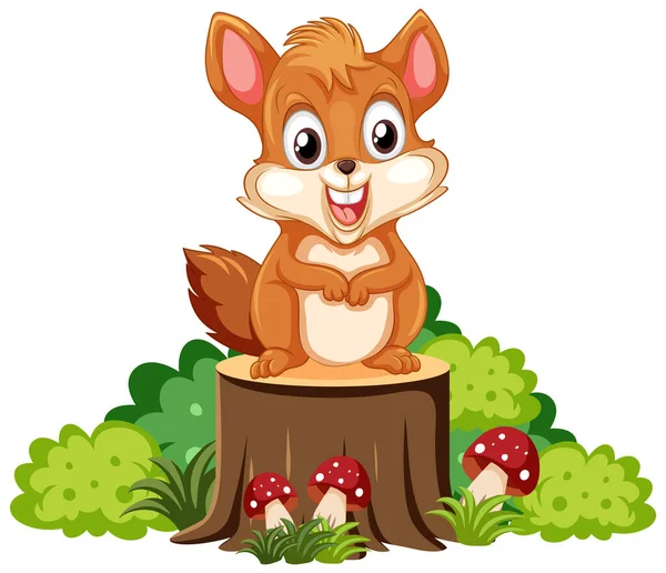 Bonito Esquilo Personagem Cartoon Árvore Toco Ilustração —  Vetores de Stock