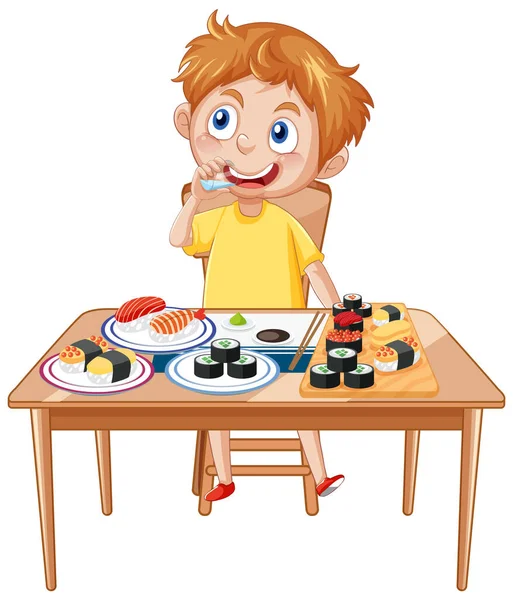 Happy Boy Απολαμβάνοντας Απεικόνιση Γεύμα — Διανυσματικό Αρχείο