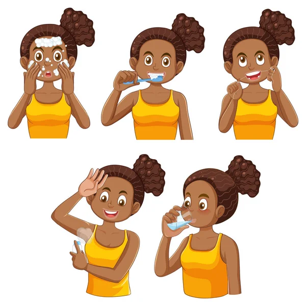 Zestaw Afro Kobieta Nastolatek Robi Self Care Rutynowa Ilustracja — Wektor stockowy
