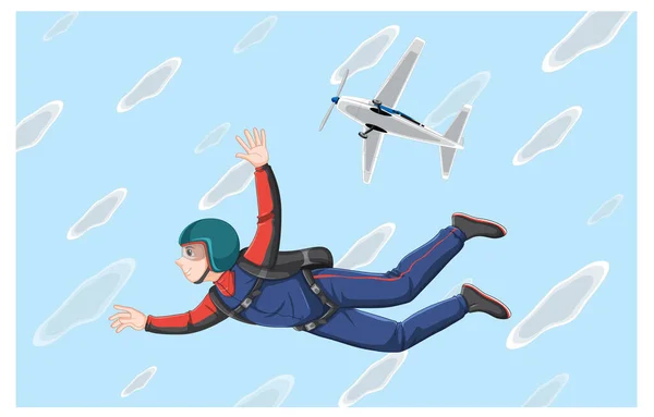 Queda Livre Pára Quedista Masculino Céu Com Avião Ilustração Fundo — Vetor de Stock