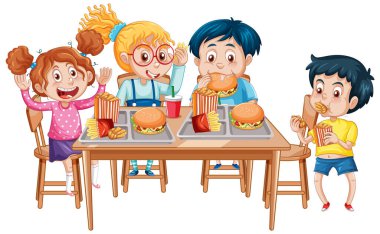 Neşeli Çocuklar Yemek Zamanı illüstrasyonunun tadını çıkarıyor