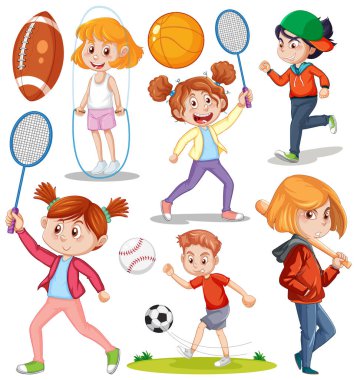 Farklı spor illüstrasyonları yapan bir grup çocuk.