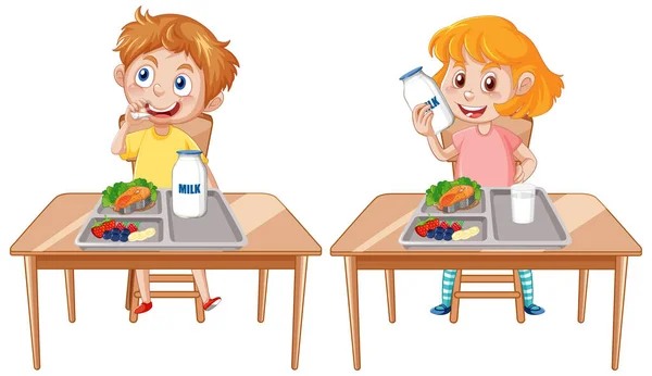 Deux Enfants Apprécient Illustration Repas — Image vectorielle