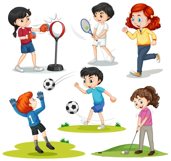 Farklı Spor Illüstrasyonları Yapan Bir Grup Çocuk — Stok Vektör