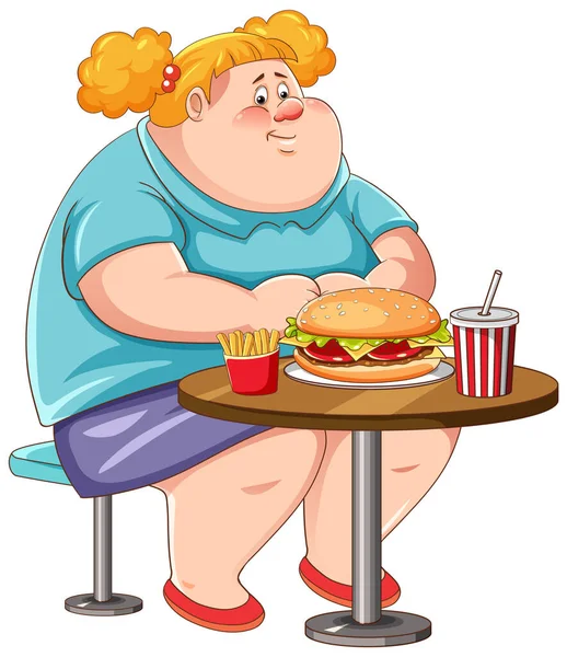 Donna Sovrappeso Mangiare Fast Food Sul Tavolo Isolato Illustrazione — Vettoriale Stock