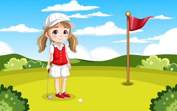 Chica Jugando Golf Campo Golf Ilustración Aire Libre — Vector de stock