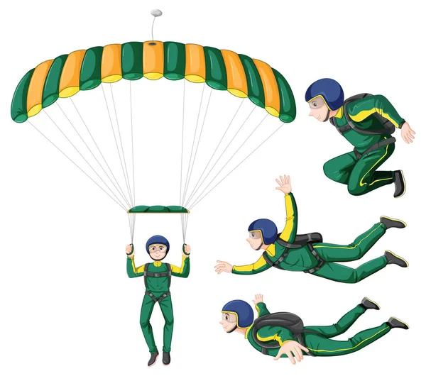 Set Von Fallschirmspringen Carteeon Charakter Illustration — Stockvektor