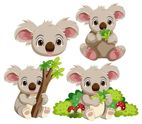 Carino Koala Orso Cartone Animato Personaggio Set Illustrazione — Vettoriale Stock