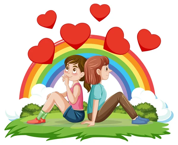 虹のイラストで後ろに座っている2人の女の子 — ストックベクタ