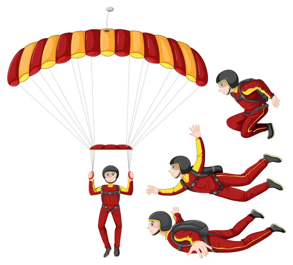 Set Von Fallschirmspringen Carteeon Charakter Illustration — Stockvektor