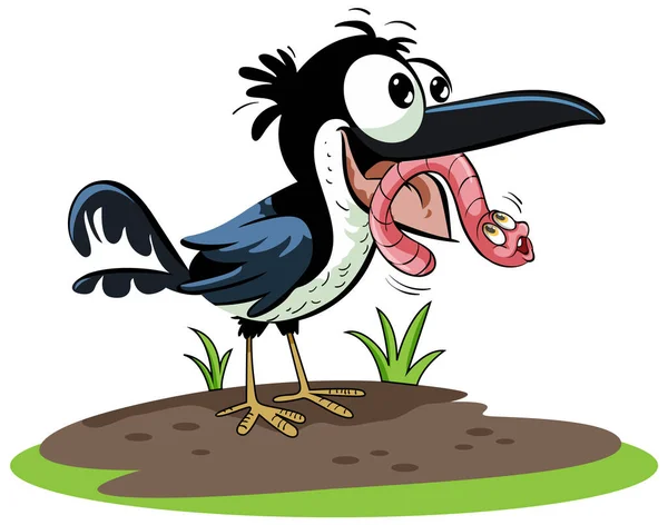 Μαύρο Πουλί Τρώει Σκουλήκι Στην Απεικόνιση Στυλ Κινουμένων Σχεδίων — Διανυσματικό Αρχείο