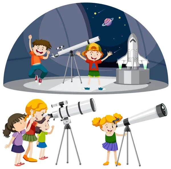望遠鏡を使った遊び心のある子供ベクトルコレクションイラスト — ストックベクタ