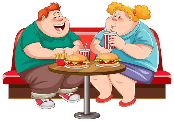 Gordo Casal Comer Fast Food Restaurante Ilustração — Vetor de Stock
