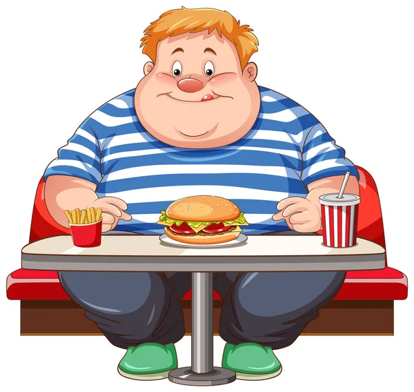 Uomo Sovrappeso Mangiare Fast Food Ristorante Isolato Illustrazione — Vettoriale Stock