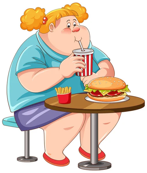 Mulher Com Excesso Peso Comendo Fast Food Mesa Ilustração Isolada — Vetor de Stock