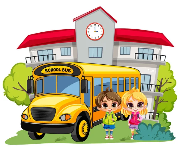 Leerling Met Schoolbus Voor Schoolillustratie — Stockvector