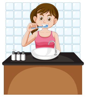 Diş fırçalayan genç bir kadın.