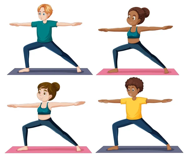 Conjunto Adolescentes Practicando Yoga Ilustración — Archivo Imágenes Vectoriales