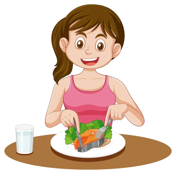 Menina Feliz Comer Salmão Saudável Tabela Ilustração — Vetor de Stock