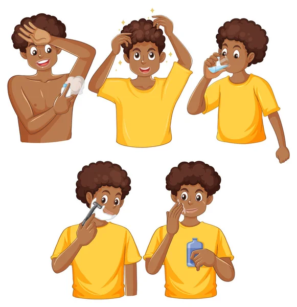 Conjunto Adolescentes Afro Com Ilustração Rotina Diária — Vetor de Stock