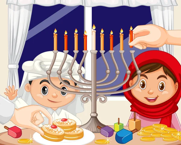 Μια Οικογενειακή Γιορτή Hanukkah Στην Απεικόνιση Στυλ Κινουμένων Σχεδίων — Διανυσματικό Αρχείο