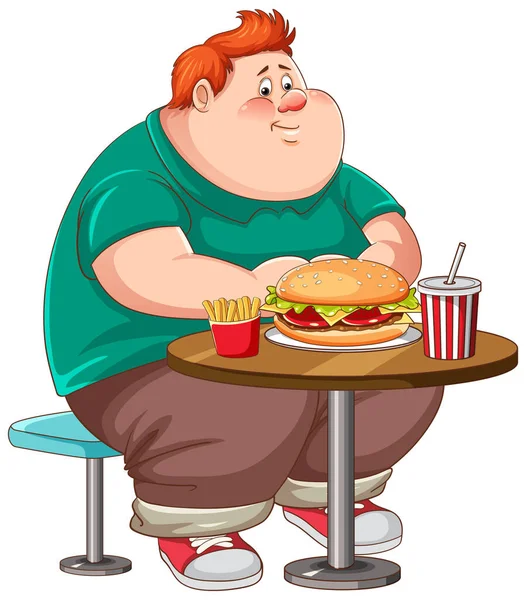 Homme Surpoids Manger Restauration Rapide Sur Table Illustration Isolée — Image vectorielle