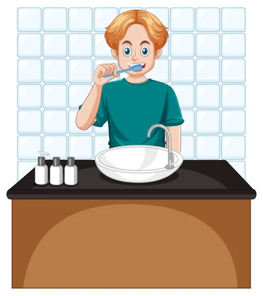 Samiec Nastolatek Myjący Zęby Ilustracja — Wektor stockowy