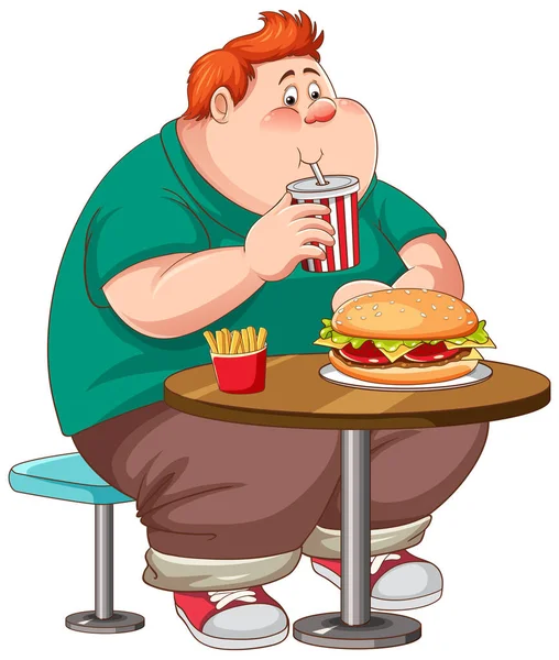 Pria Gemuk Makan Makanan Cepat Saji Atas Meja Ilustrasi Terisolasi - Stok Vektor