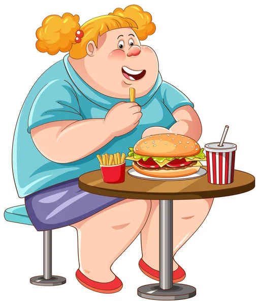 Übergewichtige Frau Isst Fast Food Auf Dem Tisch — Stockvektor