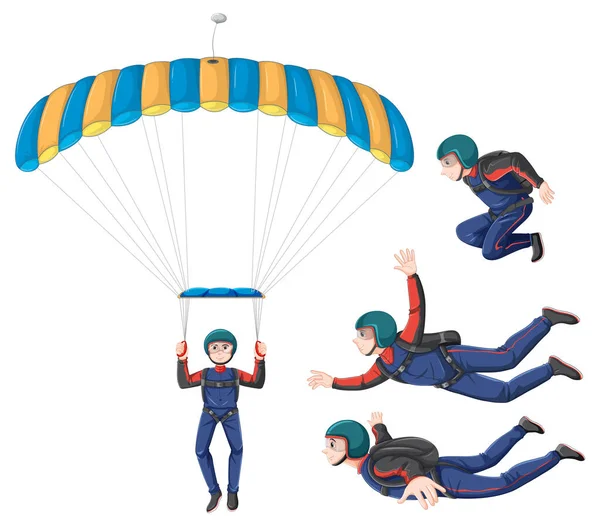 Set Skydiving Carteeon Character Illustration — Stock Vector
