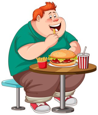 Şişman bir adam masada fast food yiyor.