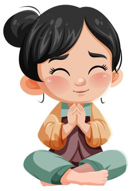 Gülen suratlı şirin Asyalı çizgi film karakteri yerde meditasyon çizimi yapıyor.