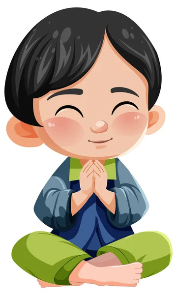 Söt Asiatisk Tecknad Karaktär Med Smiley Ansikte Cit Golvet Meditation — Stock vektor