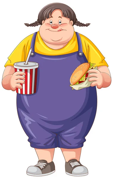 Übergewichtige Frau Mit Fast Food Zeichentrickfigur — Stockvektor