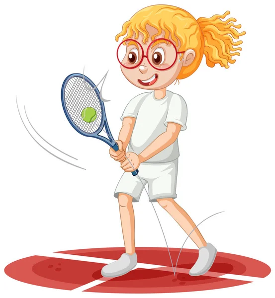 Ein Mädchen Spielt Tennis Cartoon Figur Illustration — Stockvektor