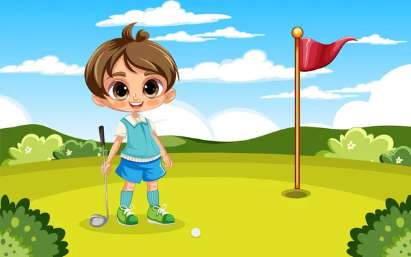 Pojke Spelar Golf Golfbana Utomhus Illustration — Stock vektor