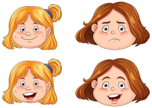 Girl Heads Different Facial Expression Illustration — Stock Vector