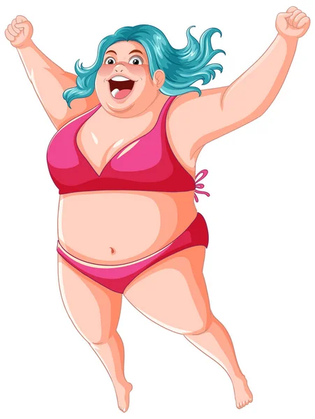 Mujer Feliz Con Sobrepeso Expresión Victoria Con Ilustración Bikini — Vector de stock