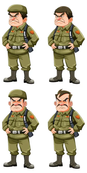 Set Grumpy Army Officer Cartoon Character Illustration — Stock Vector
