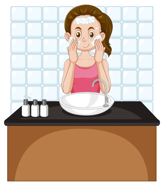 水槽图上的一个女青少年清洁脸 — 图库矢量图片